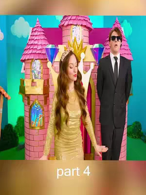 The cover image presents a brightly lit, whimsical scene. A woman in a gold dress and tiara appears to be the central focus, standing near a large, pink castle. A man in a black suit and sunglasses is standing nearby. The backdrop features a blue sky with cartoon clouds. The text overlay at the bottom reads "part 4".