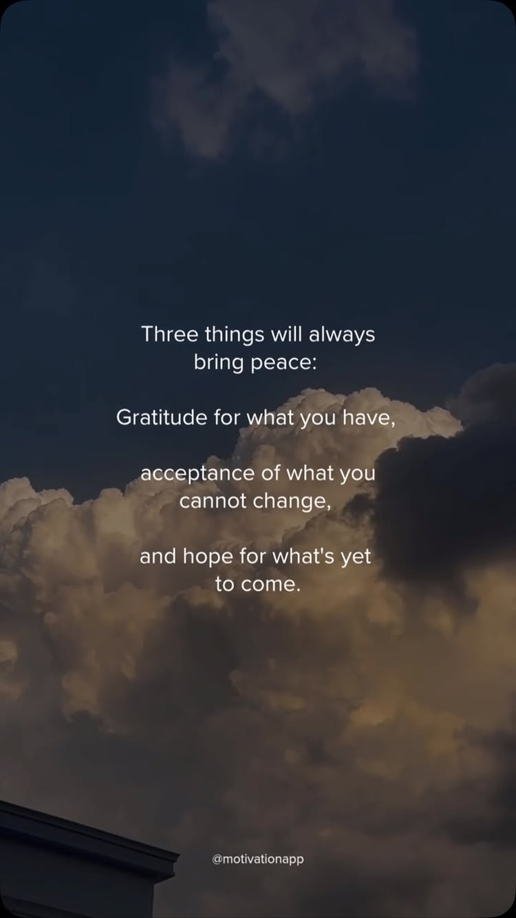 The image shows a gradient sky background with dark tones and white clouds formations. The text is centered and includes inspirational text around three key elements to bring peace. The bottom right has text indicating the app's name.