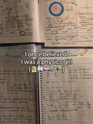 The image captures an open notebook filled with handwritten notes and diagrams, likely related to physics. The lower portion of the image features a spiraled notebook, and in the upper half, a set of open pages displaying equations and scientific illustrations. Overlayed text states, 'I once believed I was a physics girl'.