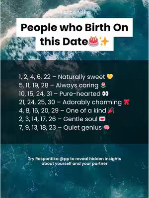 The image features a blue and white wavy background, with a white rectangular area at the top. The text uses a bold, black font. Below this is a list of dates with associated personality traits and emojis. At the bottom is another text, providing call to action.