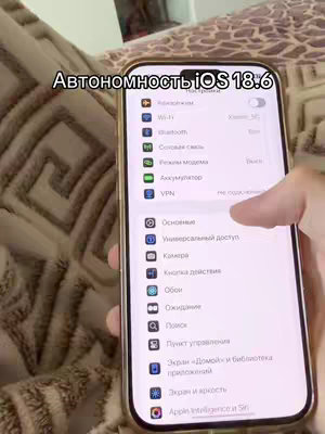 The cover image shows a hand holding a smartphone, displaying the settings menu. Text overlays are present at the top of the phone screen, listing information related to iOS 18.6. The background seems to be a patterned soft surface.