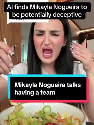 The cover image features a woman with dark hair and heavy makeup making a distorted face in a room with wooden paneling. Text overlays in a speech bubble and a colored box provide context. A bowl of salad is visible in the foreground.