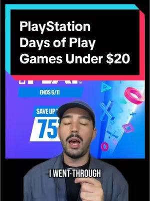 The image shows a man speaking while a graphic with text overlays the background. The background graphics show a Playstation logo with different game symbol shapes. There's text towards the top with "PLAYSTATION Days of Play Games Under $20. The overlay text reads, "I WENT-THROUGH