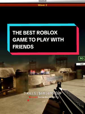 The cover image captures an in-game perspective from Roblox. A first-person view of a military gun is positioned towards the bottom center. The background shows a base with sandbags, metallic structures, and other game elements. A central text box highlights 'THE BEST ROBLOX GAME TO PLAY WITH FRIENDS' in white text over a blue and red rectangle. Game UI elements are displayed at the top and right. Overall, it has a casual and action-oriented composition.
