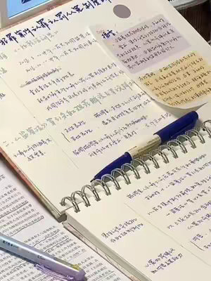 A close-up shot focused on an open notebook with handwritten notes in blue ink. A blue pen rests on the notebook. The background includes additional pages and documents, also covered in handwritten text, suggesting an academic or study environment.