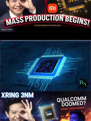 The cover image is a split-screen design with a vibrant, tech-focused theme. The top portion features a smiling man looking through his fingers, creating a circular gesture. Above him, prominent text reads 'MASS PRODUCTION BEGINS!' in bold, white lettering, set against a gradient red background with the Xiaomi and 3nm signs. The middle section presents an abstract image of a computer chip, with a bright neon blue circuit with glowing blue lines. The bottom features the same man, gesturing and a contrasting image in the background, alongside the wording 'QUALCOMM DOOMED? WORST NIGHTMARE!'
