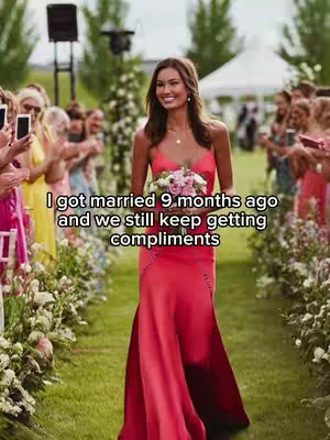 A woman in a red gown walks towards the camera holding a bouquet of flowers, with two rows of flower-lined seating on either side. Guests are seen in the background clapping, and the text overlay reads: 'I got married 9 months ago, and we still keep getting compliments.'