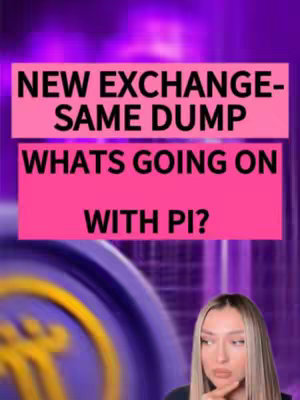 The cover image is a vertical composition featuring a woman, and text overlayed on a background with a purple gradient. The woman, positioned in the bottom right, has long blonde hair and is looking toward the text with a hint of concern, her finger touching her chin. The background is a blurry gradient of purples, with hints of what seems to be the 'Pi' symbol. In the middle, the pink text boxes with the white text 'NEW EXCHANGE - SAME DUMP', 'WHATS GOING ON', 'WITH PI?' dominate the center of the cover.
