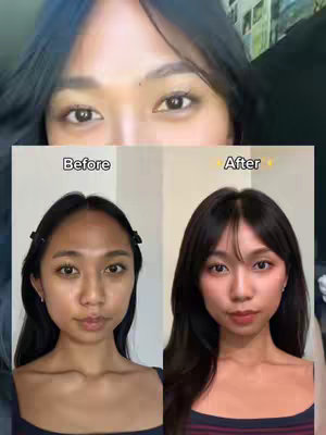 A split screen shows two images of a person's face side by side, labeled 'Before' and 'After'. The before image shows them with natural makeup and hair, while the after image shows a contoured face with bold makeup and new fringe.