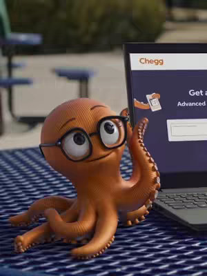 An orange cartoon octopus wearing glasses is sitting on a blue and white checkered table, with a laptop in the background. The octopus is leaning towards the laptop, with a cheerful expression. The laptop screen displays the Chegg logo.