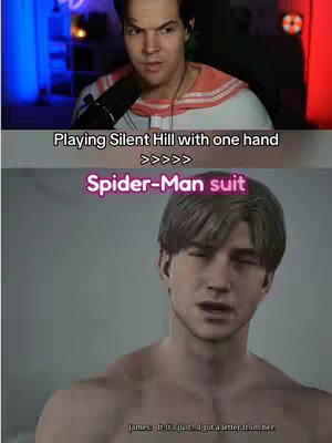 The image is a split screen. The top half shows a man in a gaming/streaming setup. The bottom half shows a character from the game Silent Hill. Overlaid text displays game and suit references.