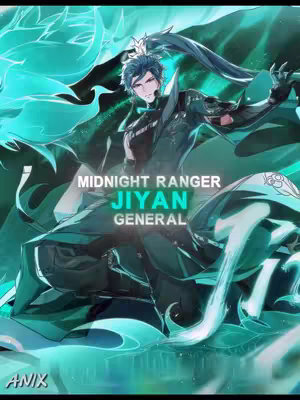 The image is a stylized illustration featuring a male anime-style character. The character is mid-action, seemingly moving through a stylized, turquoise-colored energy field that dominates the background. The character wears a dark outfit with elaborate details, including a high collar and flowing elements. Text elements, including the name "JIYAN" and other descriptive labels, are overlaid on the image. The general composition is dynamic, with swirling visual effects giving the impression of a dynamic action scene.