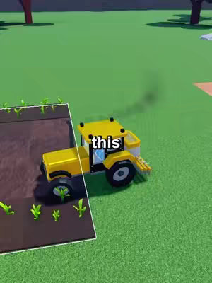 A screenshot from a Roblox game. The focus is a yellow farming tractor with a clear hook text overlay reading 'this'. The tractor drives through a field with crops on the left side of the tractor, and the grass to the right. In the background are a couple of trees and some mountains.