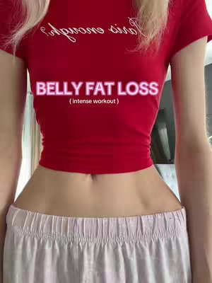 The cover image shows a midriff shot of a woman wearing a red crop top and light pink sweatpants. The text overlay reads "BELLY FAT LOSS" in a pink outlined font above the words "(intense workout)".