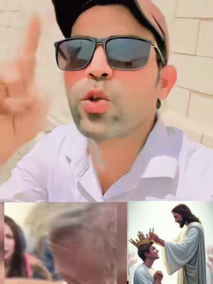 A selfie-style shot with the creator in the foreground, wearing sunglasses and a white shirt, gesturing with a raised finger. The top right corner shows a blurred image of a figure touching another figure's head with a crown. The bottom left shows a blurred image of two people.