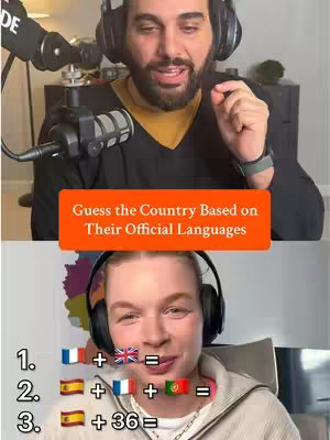 The cover image is a split composition. The top section shows a person with a beard and headphones in front of a microphone, the background is blurred and modern. In the lower half is another person wearing headphones, with a map in the background and sets of flags on screen.