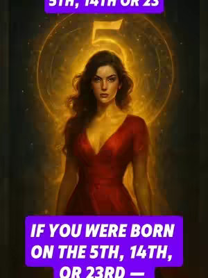 The cover image features a digital illustration of a woman in a red dress, set against a glowing golden background. The woman is the central figure, and she is positioned in front of a large, golden numeral '5'. Above the woman's head, there is a text overlay in purple that says '5TH, 14TH OR 23'. Below her, another purple text overlay says 'IF YOU WERE BORN ON THE 5TH, 14TH, OR 23RD'. The background is a blurred, glowing effect that adds to the overall aesthetic.