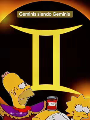 The image features a meme-style graphic focusing on the Gemini astrological sign. The background is a gradient of dark orange and yellow, with a large, stylized yellow Gemini glyph in the center. At the bottom, the cartoon characters Homer Simpson and Lisa Simpson are depicted, with Homer looking to the side holding a drink. The hook text at the top of the image reads "Geminis siendo Geminis".