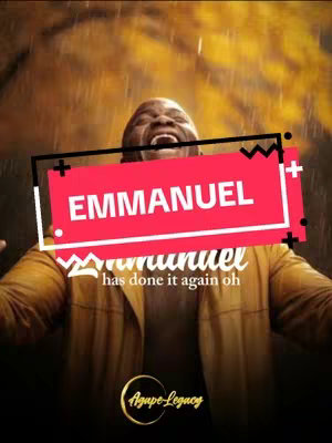 A man with dark skin is shown from the chest up, looking upwards with an open mouth and a wide-eyed expression of joy. Rain or a similar effect is falling down over him, creating a wet effect. He is wearing a gold-colored jacket. Overlaid on top of the man is a series of colored rectangles and shapes, with white and red colors, where white text saying "EMMANUEL" is displayed. Beneath this, in a smaller font, is the text "Emmanuel has done it again oh." A gold logo that says "Agape Legacy" is at the bottom of the image.
