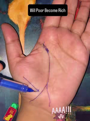 A close-up of a hand with palmistry lines drawn on it. A blue pen is pointing towards the lines, and a small sticker with Chinese characters is in the bottom left corner, and an animated cartoon drawing of a girl is at the bottom right corner.