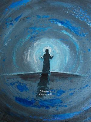 An artistic, abstract image with a dark blue, textured background. A bright, white-yellow oval in the center draws the eye, resembling a light source or portal. Within this light, a silhouetted figure stands with arms outstretched. The surrounding background consists of swirling shades of blue, creating a dynamic, ethereal effect. At the bottom, the text 'Choose Yourself' appears in white.