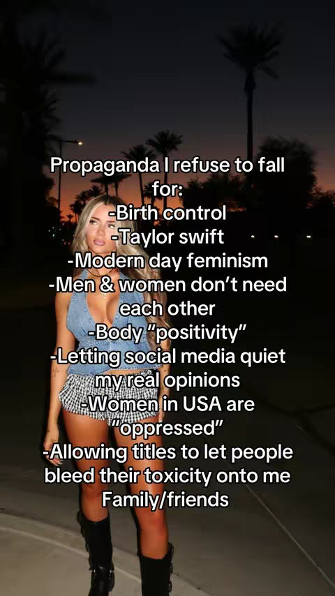 A woman standing outdoors at dusk, wearing a denim top and patterned skirt. Text overlays the image, listing societal topics.