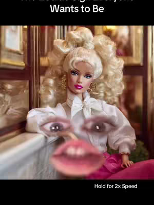 A Barbie doll with blonde hair and pink lips is the main subject, with a superimposed face made of eyes and a mouth over the doll's face. The background features a blurry interior scene with framed pictures.