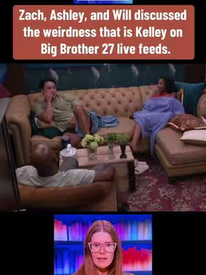 The cover photo shows a split screen image with the main portion of the image showing a scene from what appears to be a reality television show, showing several people relaxing on a sofa in front of a table with drinks and flowers. Above that a solid red background with white text that says: 'Zach, Ashley, and Will discussed the weirdness that is Kelley on Big Brother 27 live feeds.'. The bottom portion of the split-screen image shows a woman with red hair wearing reading glasses, looking at the camera in front of a blurry, colorful background.