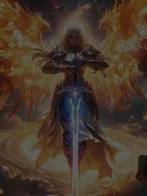 A digital art image showcases a female figure with flowing blonde hair, clad in shining armor and a long blue robe. She holds a large sword that points towards the viewer. Behind her are fiery, orange-yellow wings that evoke a phoenix, with a bright, radiating light emanating from behind her. The background is blurred, creating a soft transition from the main figure.