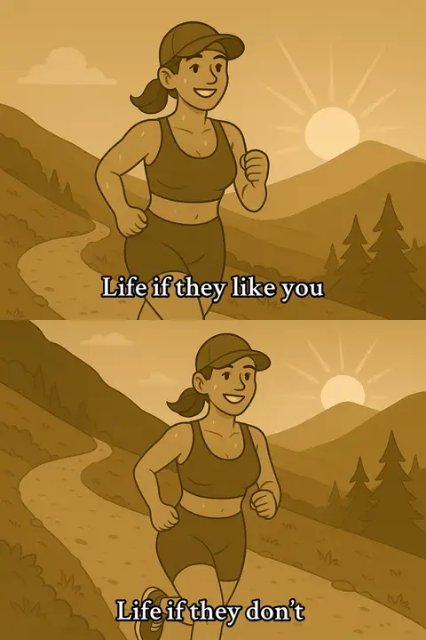 An animated cartoon illustration in sepia tones shows a woman running on a path. Above, text reads 'Life if they like you.' Below, a mirrored image depicts the same woman running, with accompanying text, 'Life if they don't.' The background features rolling hills, a rising sun and tall trees.