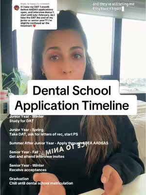 A woman with dark hair and a black top is centered in the frame, against a blurred indoor backdrop. A white rectangular box in the middle reads "Dental School Application Timeline" in a bold font. Below this, a timeline of steps is listed beginning with "Junior Year - Winter: Study for DAT", ending with graduation and "Chill until dental school matriculation". Other text overlays in the image are conversation bubbles, and general text to reinforce the timeline.