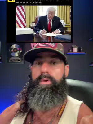 The cover image presents a split view dominated by a man with a thick beard and a camouflage hat in the foreground. Above him, there is a screenshot of former President Donald Trump who sits at a desk, signing a document. The subject of the shot is serious and the background gives a professional vibe.