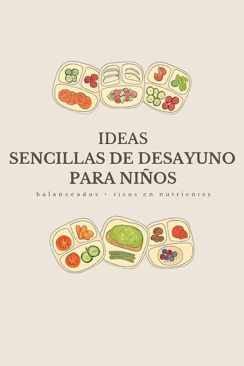 The image features a light beige background. In the center is a vertical stack of text that reads 'IDEAS SENCILLAS DE DESAYUNO PARA NIÑOS' in a dark color. Below, smaller text states 'balanceados + ricos en nutrientes'. Above and below this text are illustrations of plates divided into sections, each containing different breakfast foods like fruits, vegetables, and small pastries. The food is presented in a cartoon graphic style.