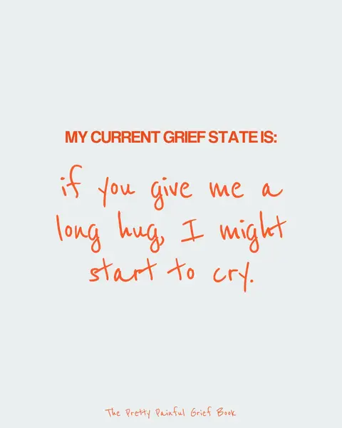 The image is a simple, text-based design set against a plain off-white background. The text is hand-written style in a burnt orange color. The central message reads, 'if you give me a long hug, I might start to cry.' Above this, in a separate line, is the statement, 'MY CURRENT GRIEF STATE IS:'. At the bottom, in a smaller font, is the caption: 'The Pretty Painful Grief Book'. The layout is minimalist, with the text centered and taking up most of the space, creating a direct and emotionally resonant message.