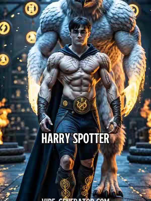 A digitally created image depicting a muscular man, referencing Harry Potter visually, posing in a heroic stance. He has short, dark hair and glasses, with a muscular physique. He wears dark shorts, black boots and is adorned with a belt featuring an emblem. Behind him stands a large, shadowy figure. The overall composition suggests a gym or superhero theme, with bold lighting and a fantasy aesthetic.