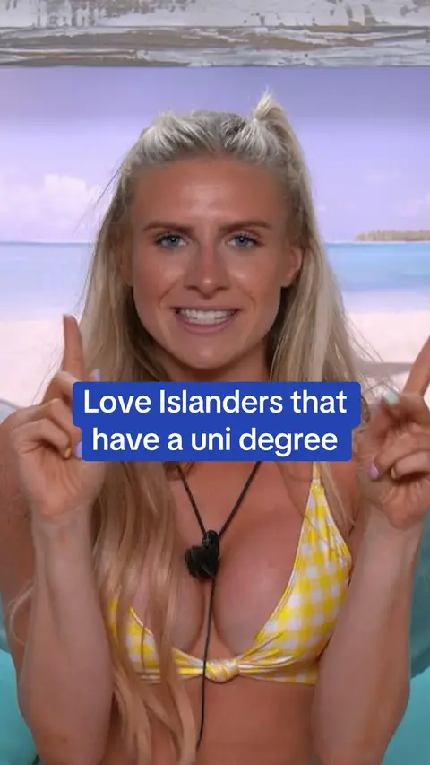 A woman with blonde hair is centered in the frame, pointing upwards with both hands. A blue box with the text 'Love Islanders that have a uni degree' is overlaid onto the image. She is wearing a yellow gingham bikini top. The background appears to be a beach setting.