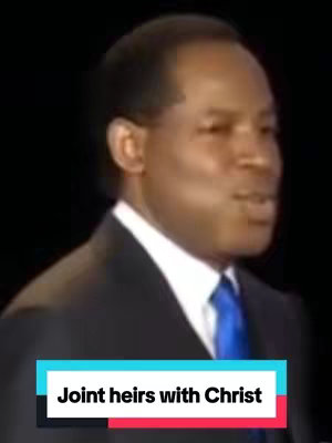 A medium shot features a man in a dark suit with a blue tie. The background is a solid, slightly out-of-focus darker tone, and a colorful text box at the bottom highlights the video's title 'Joint heirs with Christ'.