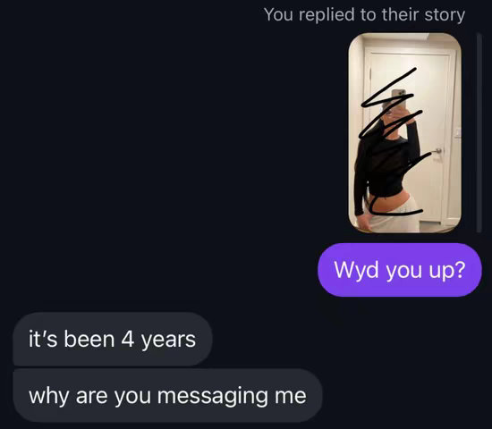 Screenshot of a chat on a dark purple background, with a picture of a person on the right. The picture shows a person with black scribbles covering their face and the message reads "wyd you up?" There are also other chat messages below.