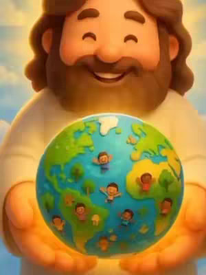 The cover image shows a cartoon depiction of Jesus holding a globe, with smiling children representing different ethnicities scattered across the land masses. Jesus has long brown hair and a beard, wearing a white robe. His hands are glowing, and a soft light surrounds the globe and him. The background is a soft, blurred gradient of blues and whites, suggesting a heavenly setting.