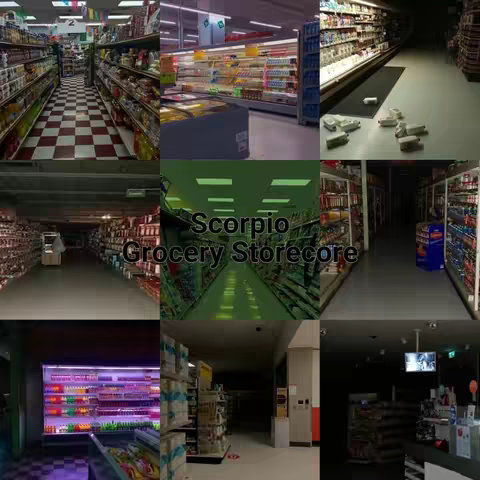 A collage of grocery store aisles and sections. The image is broken into a 3x3 grid, showing various perspectives of the store, each lit differently and featuring various products on the shelves. Overlaid in the center is a green-tinted text element that reads "Scorpio Grocery Storecore".