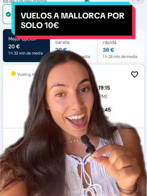 A selfie-style cover image with a woman holding a microphone in front of a screen interface that offers flight details. The woman facing the camera has a broad smile, open mouth and appears excited. She's wearing a white top. The screen in the background displays flight information, a red bar with white text near the top, as well as text with flight details and ticket prices. The composition uses primary colors like red, blue, and white. The overall aesthetic highlights the excitement around travelling.