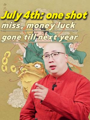 A man in a red shirt with glasses points to the side. The background depicts a traditional Chinese painting with a figure, a toad, and gold coins.
