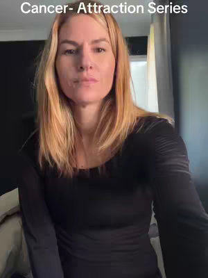 A woman with blonde hair and a black shirt is centered in a vertical frame. Text at the top says, "Cancer- Attraction Series."