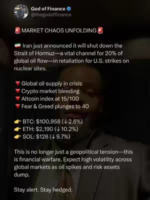 The image shows a screenshot of a social media post, with a man in the bottom third of the image. The background is dark, with text and graphics overlaid. The top of the image contains the profile information, above a red banner that indicates market chaos. The body of the post has bullet points, with financial data such as BTC and ETH price. The overall composition is text-heavy focusing on the finance.