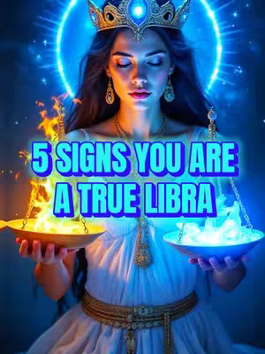A woman wearing a crown and a white dress is featured in the image. She has long hair. She is holding scales of justice with fire in one hand and ice in the other against a glowing blue background. The text "5 SIGNS YOU ARE A TRUE LIBRA" is overlaid in a vibrant, colorful font.