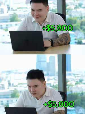 The image is a split view of a man sitting at a desk with a laptop. Both images are identical, showing the man in a white shirt with a laptop open in front of him. He has a tattoo on his arm and seems to be looking at his laptop screen. Overlaid on top of the man in each view is the text: "+$5,800" appears in green, indicating a financial gain.