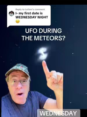 A man wearing glasses and a hat points upwards in front of a backdrop of stars and a stylized UFO graphic. Text in the image poses the question, "UFO DURING THE METEORS?"