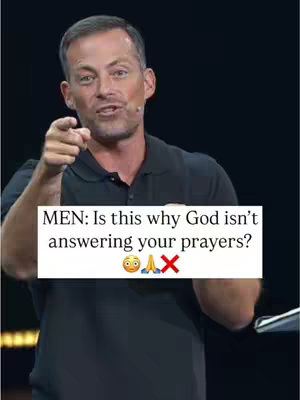 A man in a black shirt points at the camera with a serious expression. Overlaid on the image is a white box with black text asking if prayer is being answered, and with emoji symbols.