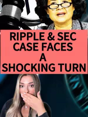 The cover image blends multiple elements depicting a news-style presentation. The top half displays a woman in glasses looking upward, potentially reacting to a news story. A gavel appears in the background, suggesting legal proceedings. Below, a central rectangular block in a coral hue features bold, black text that reads, "RIPPLE & SEC CASE FACES A SHOCKING TURN." The lower portion of the image shows a woman reacting to the news, hand covering her mouth with a look of shock or surprise.