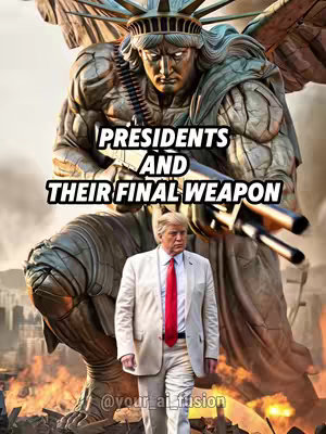 A digitally created image shows Donald Trump standing in front of a large, statue-like figure of the Statue of Liberty. The Statue, shown at a larger scale, holds a large weapon instead of the traditional torch. The background is blurred out, suggesting a battle or a chaotic environment. The overall composition uses a dark and dramatic color palette.